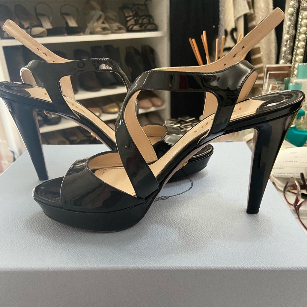 Black Patent Prada High Heeled Sandal; Size 6.5